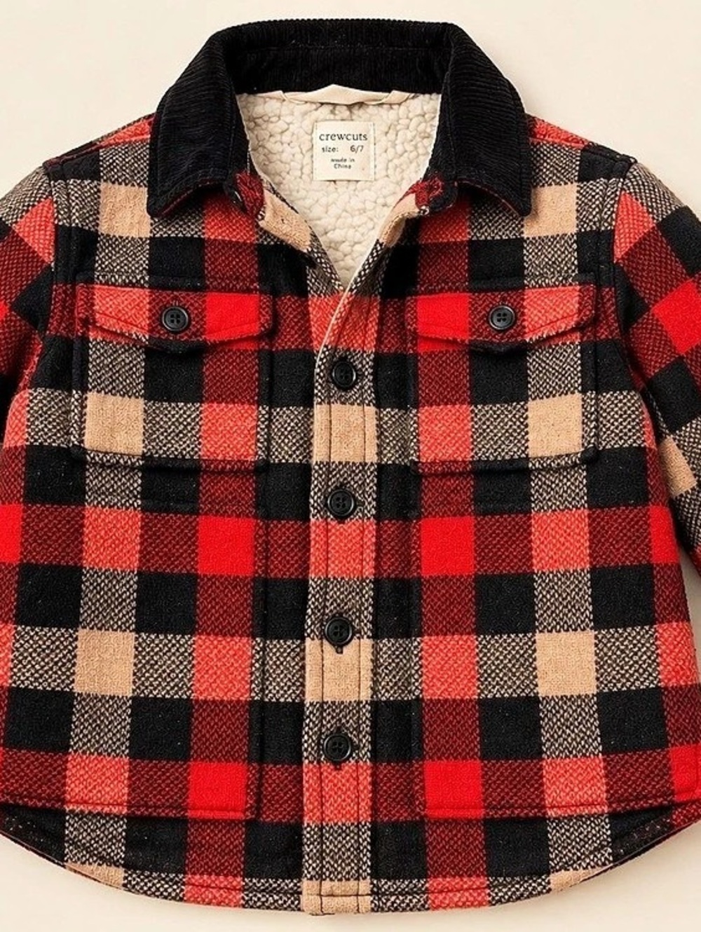 Crewcuts Boys Sherpa-Lined Plaid Shirt-Jacket in Red & Black